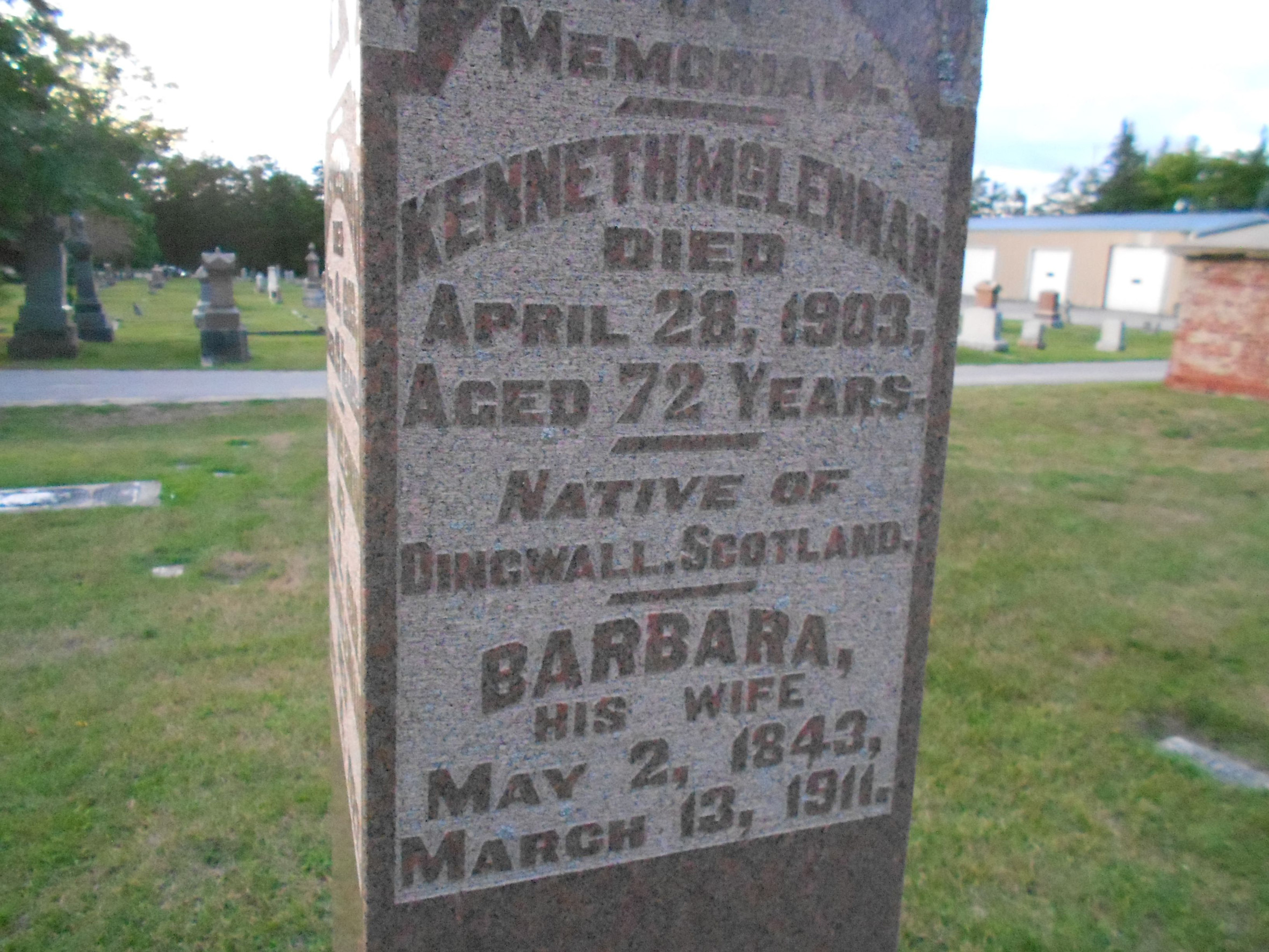 Photo of headstones/Kenneth McLennan died 1903  MI Barrie Union Cemetery, Simcoe County, Canada